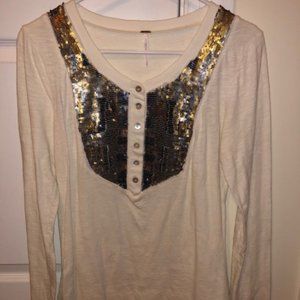 Free People Sequin Henley Style Long Sleeve Top